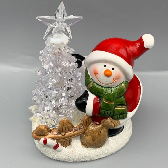 Cute Ceramic Snowman Dressed like Santa with Clear Light-Up Tree - Picture 10 of 10